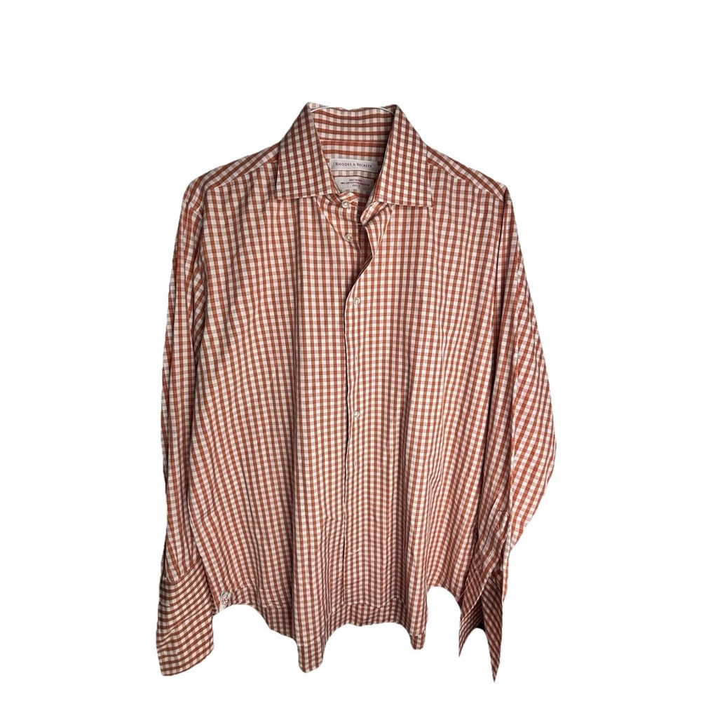 Rhodes & Beckett‎ Men's 43/17 R Egyptian Cotton Shirt Orange Check French Cuff